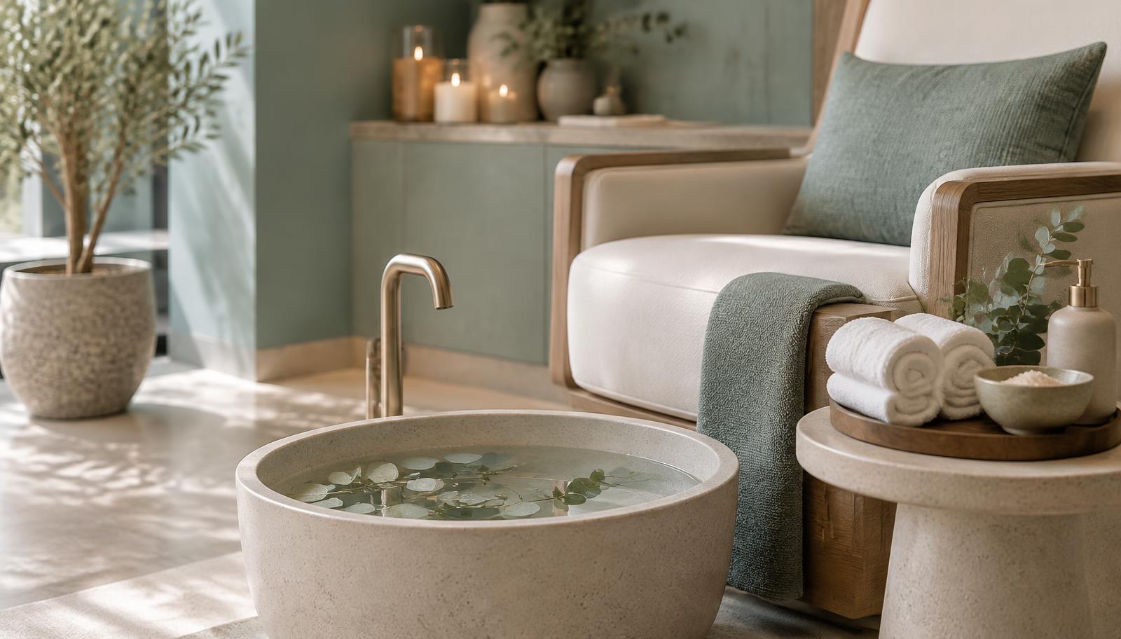 A calm, modern pedicure studio with a foot bath, fresh towels and soft natural light
